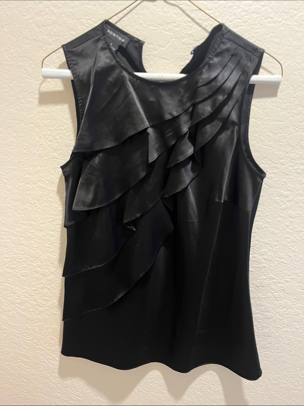Spense Black Satin-Look Ruffle Front Sleeveless Camisole